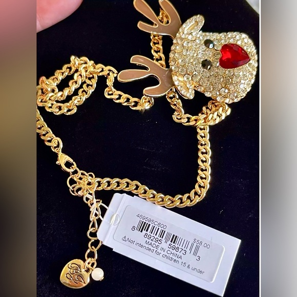 Betsey Johnson NWT Sparkling Pave Crystals RedNosed Reindeer NecklaceGold Chain - Picture 5 of 9